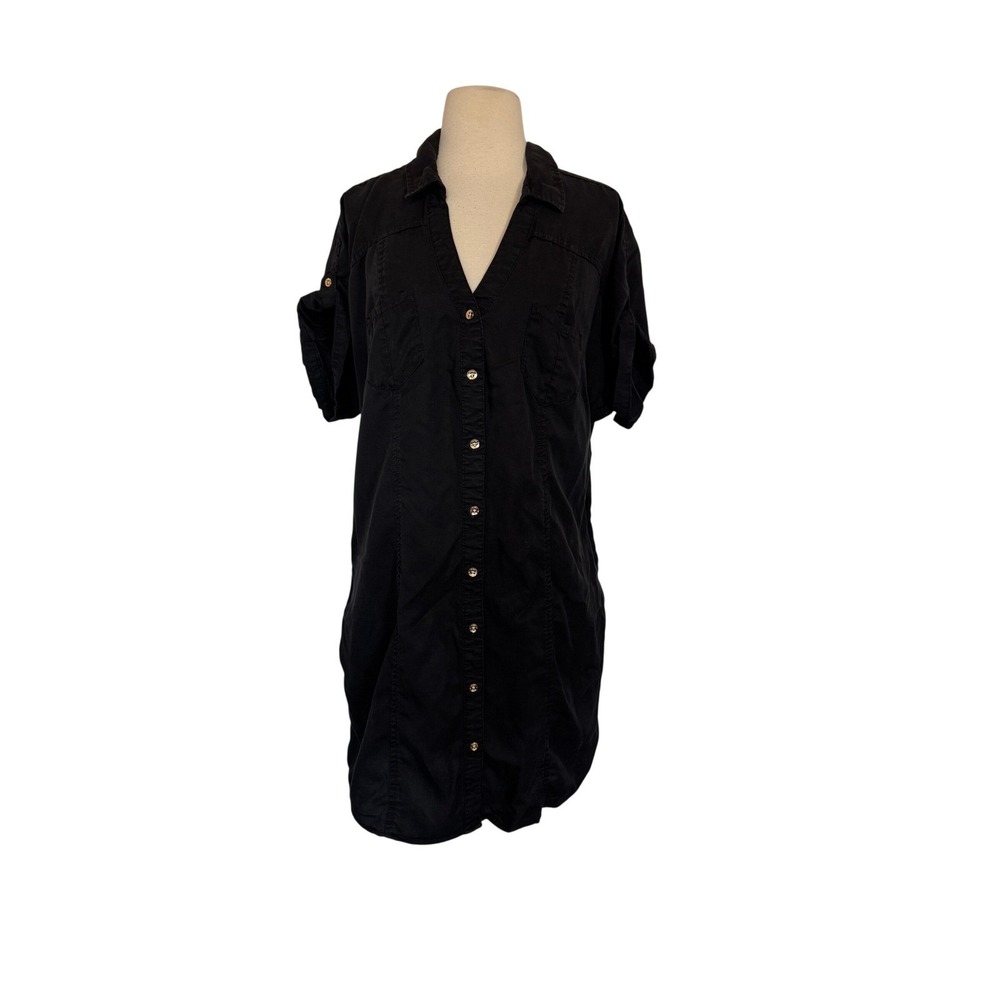 Guess Black Button Down Utility Shirt Dress Short Roll Tab Sleeve Pockets XL